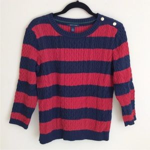 Tommy Hilfiger Women's Red Blue Wide Stripe Cable Knit Sweater 3/4 Sleeve Size M
